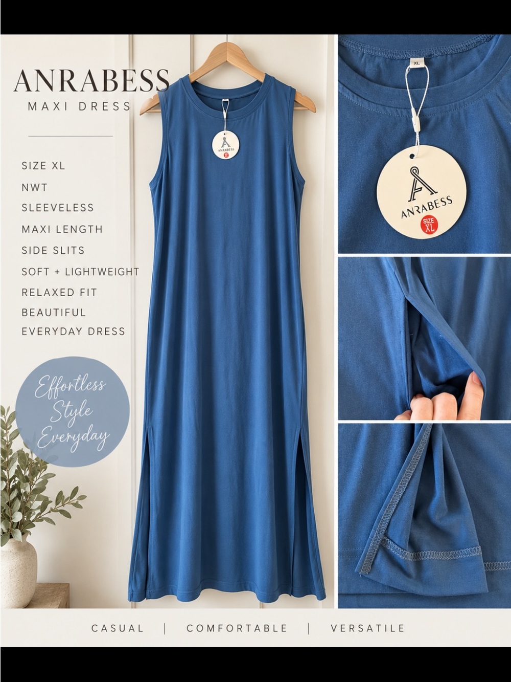ANRABESS Blue Sleeveless Maxi Dress with Side Slits